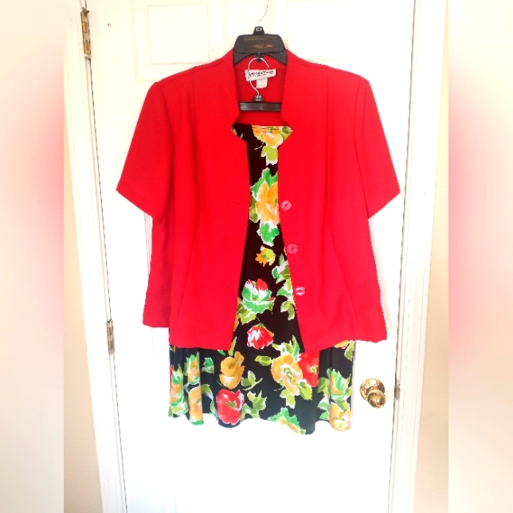 Another Thyme Red Short Sleeve Jacket with Floral Skirt Size 18W
